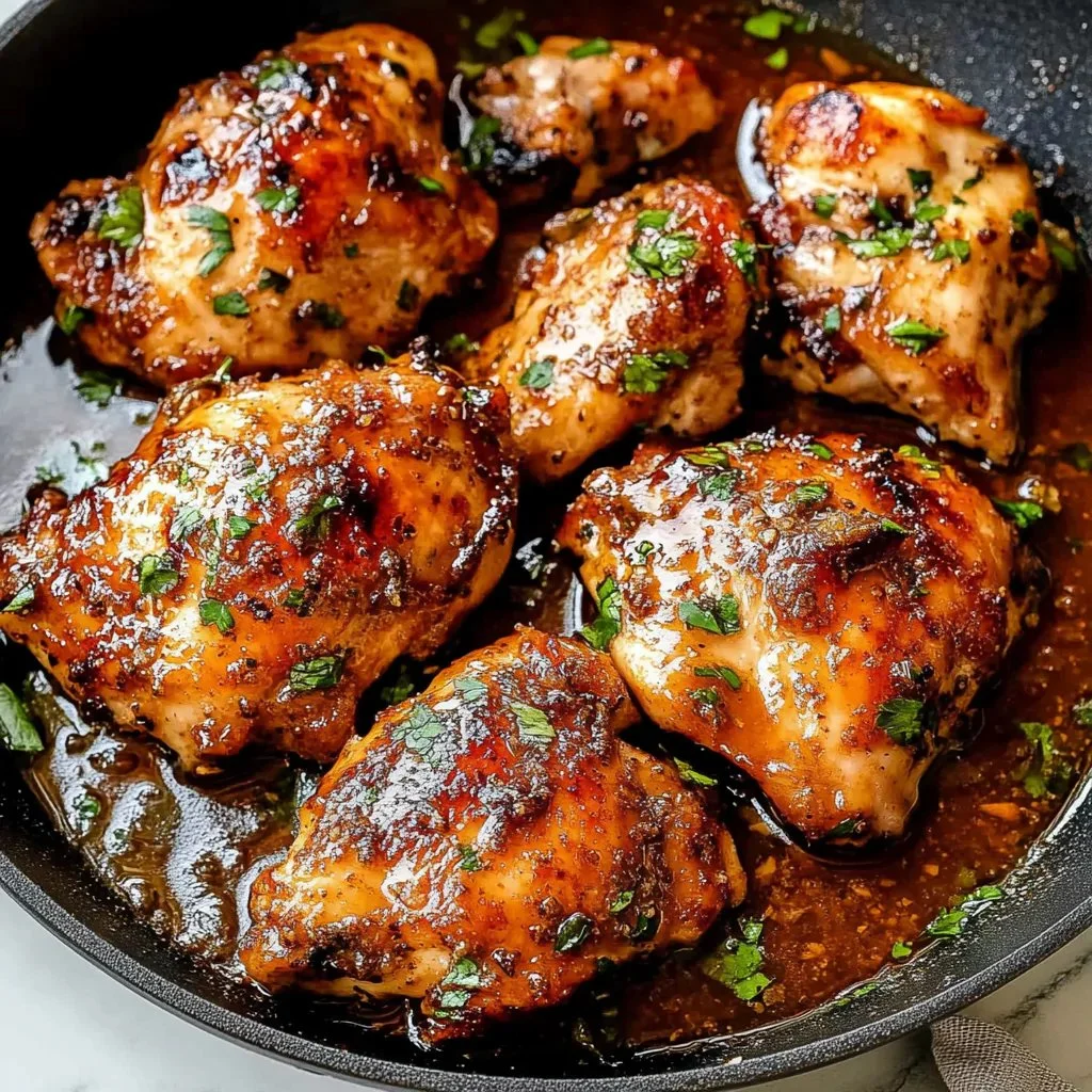 Delicious apple cider glazed chicken on a plate garnished with herbs.