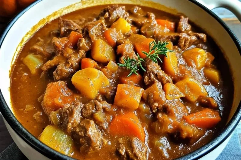 Delicious autumn harvest beef stew served in a rustic bowl