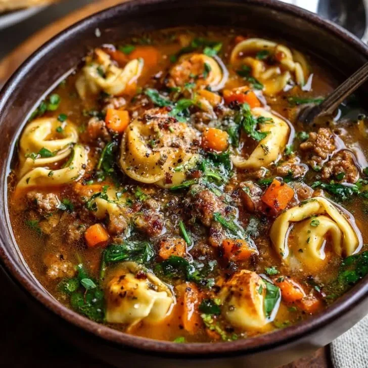 Bowl of Autumn Tortellini Soup with Sausage garnished with herbs