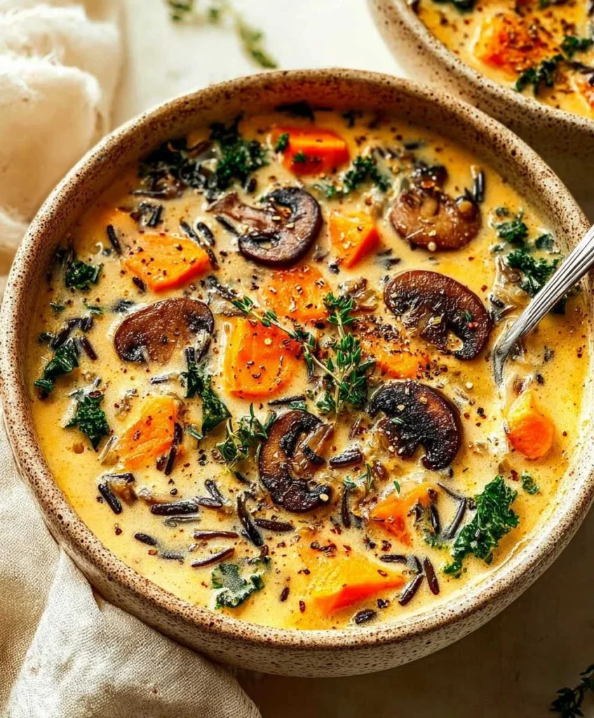 Bowl of autumn wild rice soup with vegetables and herbs, perfect for fall comfort.