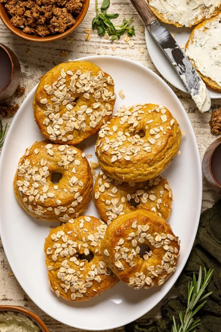 Homemade pumpkin oat bagels with warm autumn spices and a fluffy texture