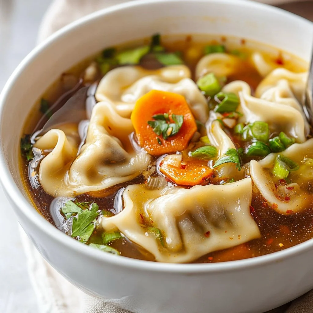 Delicious bowl of Potsticker Soup with dumplings and fresh herbs